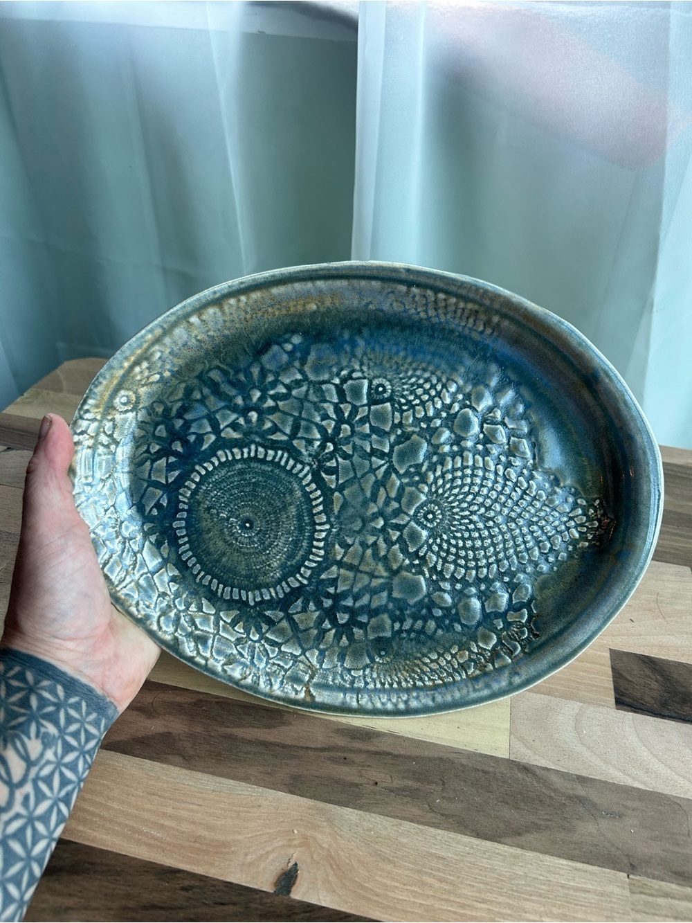 Bantam Tileworks Studio Pottery Oval Fish Platter Blue Green 12” Handmade